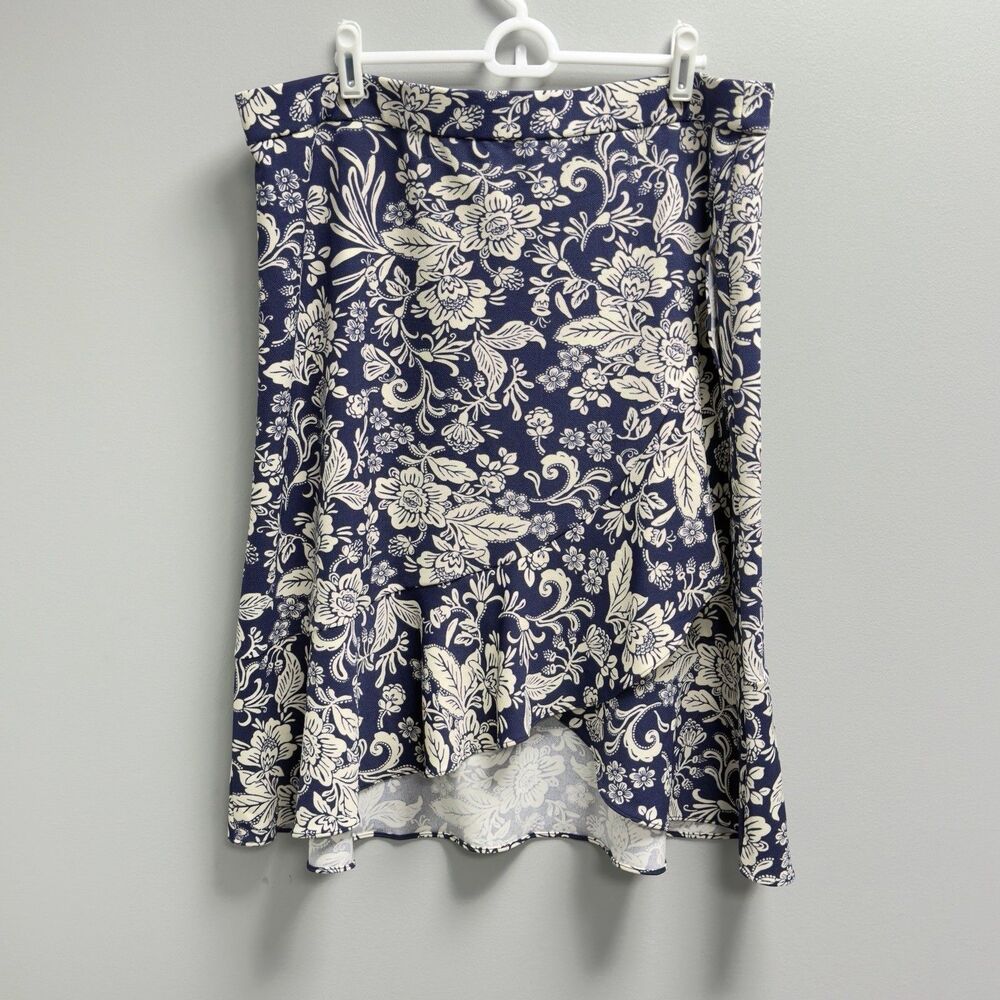 Issac Mizrahi Live Bridgehampton Printed Faux Wrap Skirt Navy Floral  L